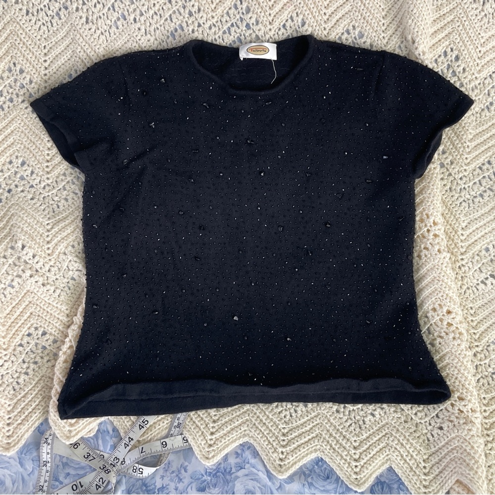 Vintage Tee Beaded Talbots Short Sleeved Sweater Black Goth Whimsigoth Punk Alt